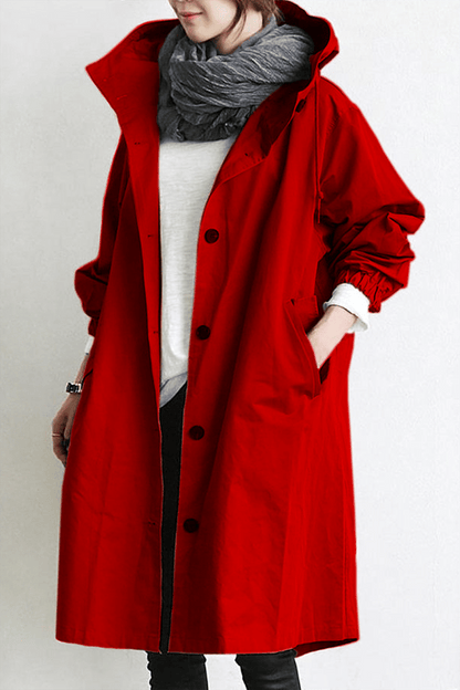 Dames Lange Trench Coat met Capuchon en Knoopsluiting Oversized Rood