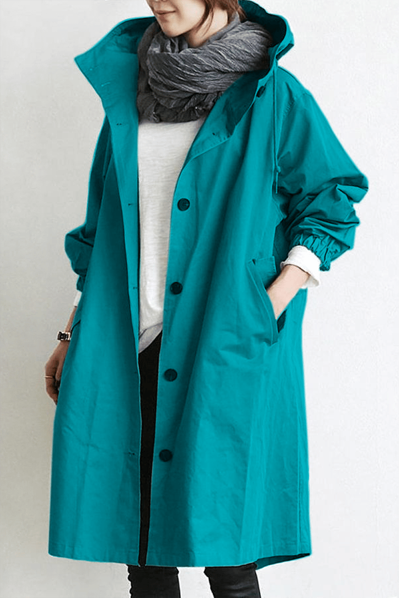 Dames Lange Trench Coat met Capuchon en Knoopsluiting Oversized Turquoise