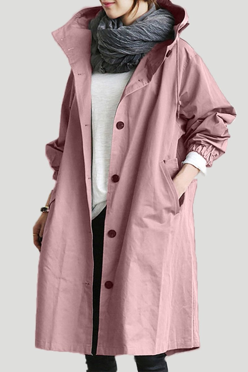 Dames Lange Trench Coat met Capuchon en Knoopsluiting Oversized Roze