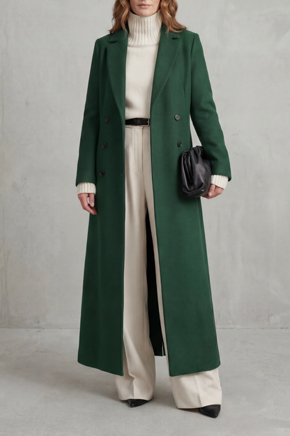 Dames Lange Winterjas Getailleerd met Dubbele Knoopsluiting Groen