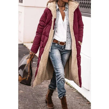 Dames Lange Winterjas met Capuchon en Sherpa Voering Bordeauxrood