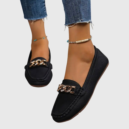Dames Loafers met Gouden Kettingdetail en Platte Zool Zwart
