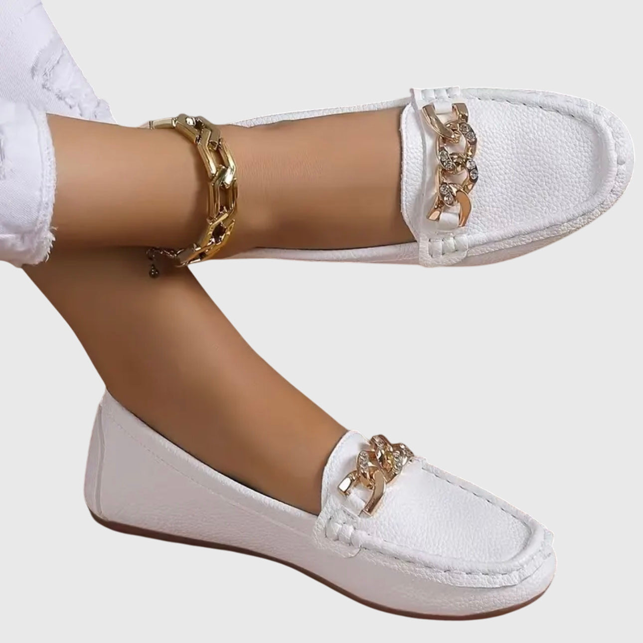 Dames Loafers met Gouden Kettingdetail en Platte Zool Wit