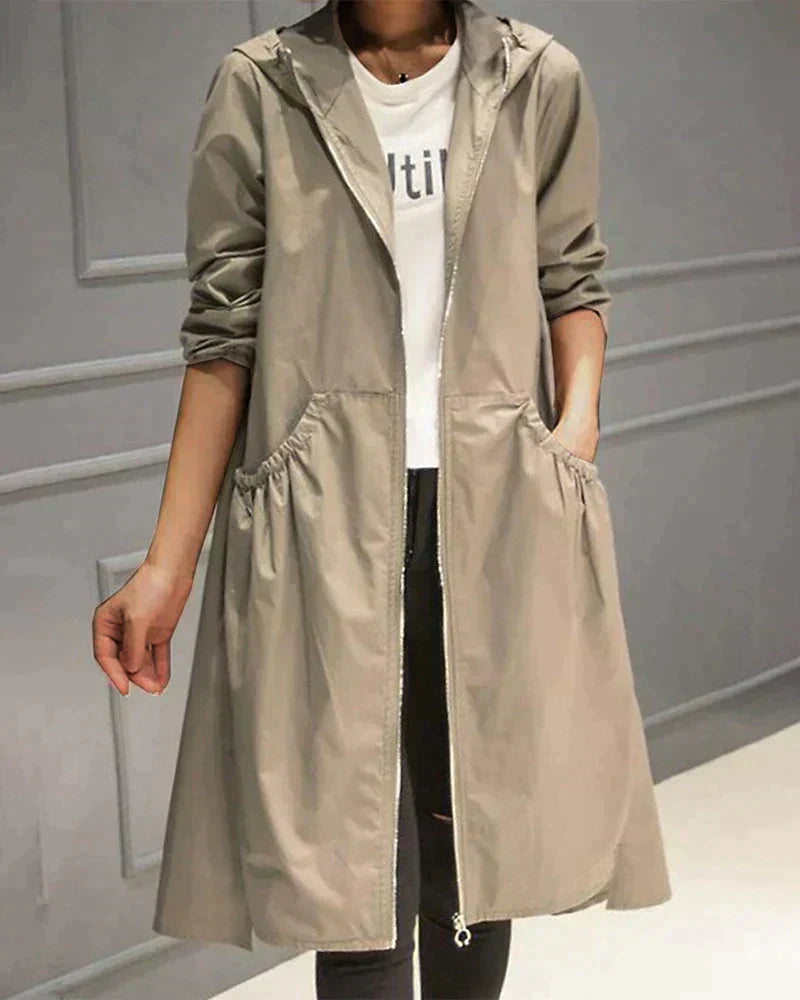 Dames Longline Trench Coat met Capuchon en A-lijn Silhouet Beige