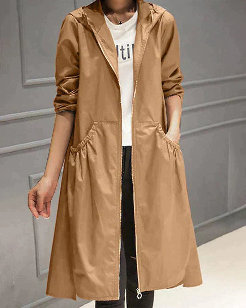 Dames Longline Trench Coat met Capuchon en A-lijn Silhouet Lichtbruin