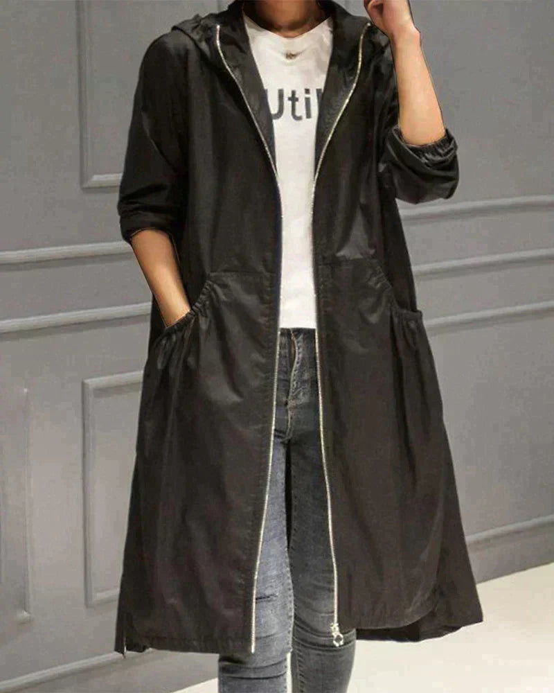 Dames Longline Trench Coat met Capuchon en A-lijn Silhouet Zwart