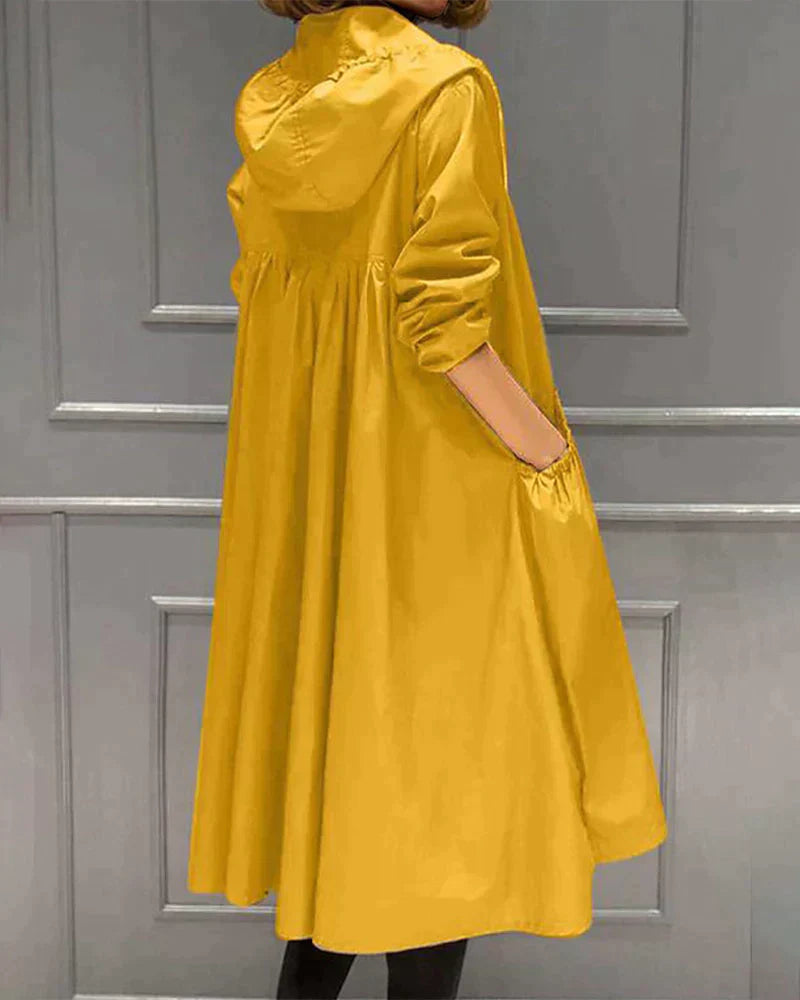 Dames Longline Trench Coat met Capuchon en A-lijn Silhouet Geel