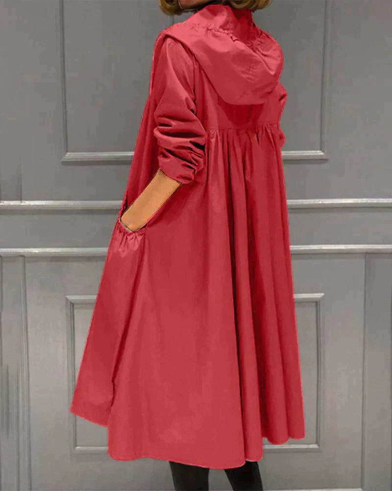 Dames Longline Trench Coat met Capuchon en A-lijn Silhouet Rood