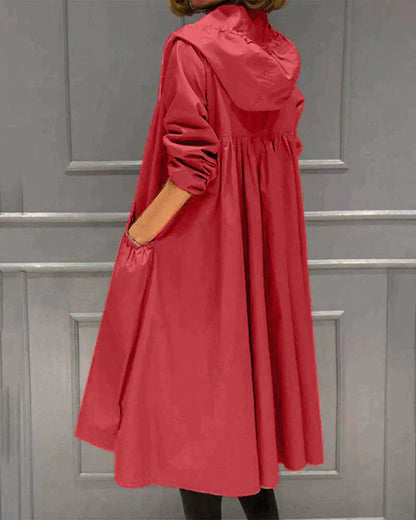 Dames Longline Trench Coat met Capuchon en A-lijn Silhouet Rood