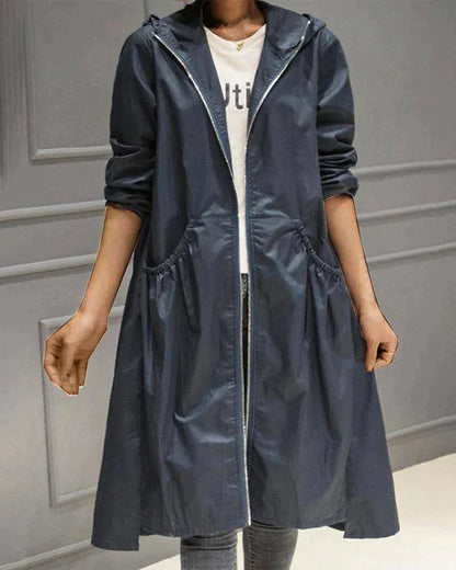 Dames Longline Trench Coat met Capuchon en A-lijn Silhouet Donkerblauw