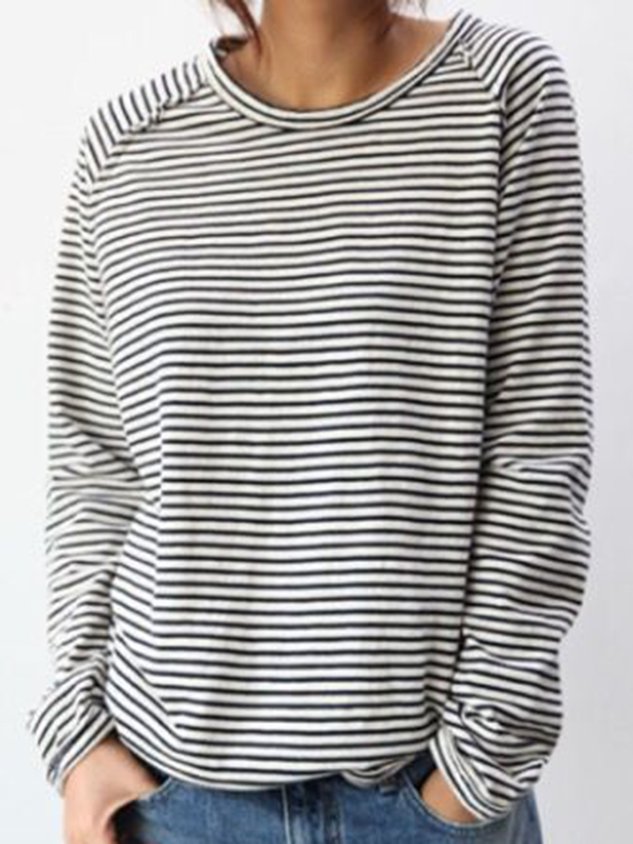 Dames Longsleeve Shirt met Ronde Hals en Horizontale Strepen Wit