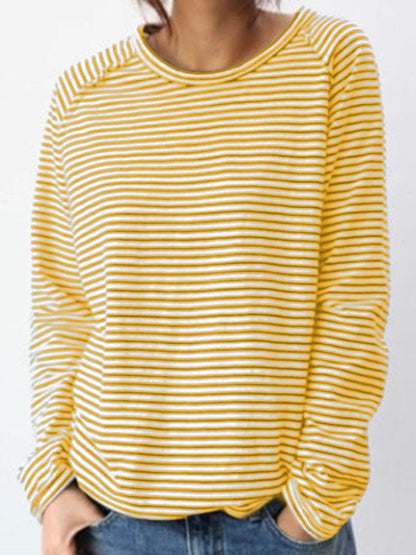 Dames Longsleeve Shirt met Ronde Hals en Horizontale Strepen Geel