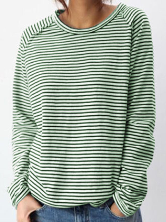 Dames Longsleeve Shirt met Ronde Hals en Horizontale Strepen Groen