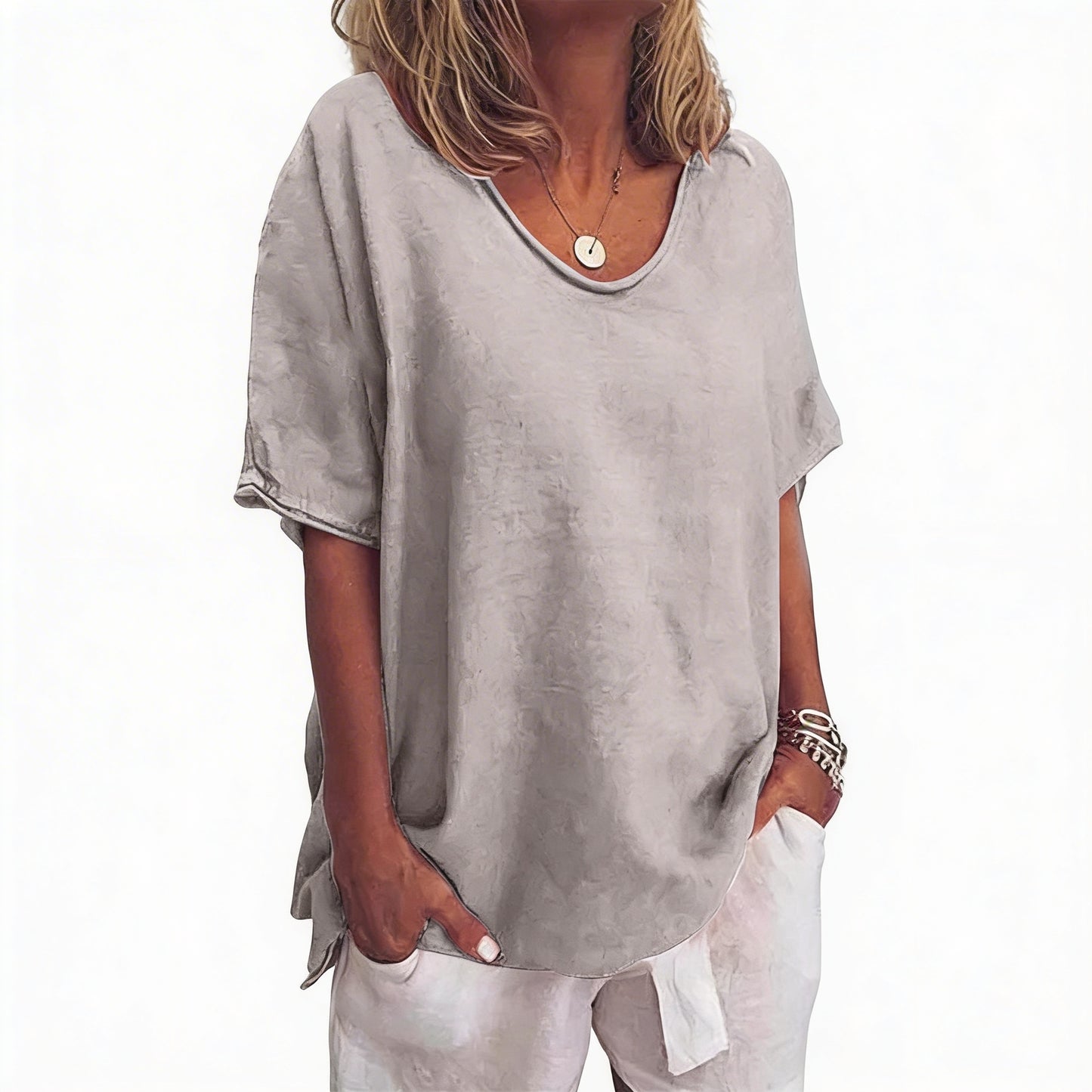 Dames Losse Blouse met V-hals en Korte Mouwen Oversized