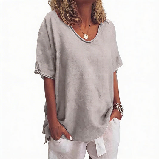 Dames Losse Blouse met V-hals en Korte Mouwen Oversized