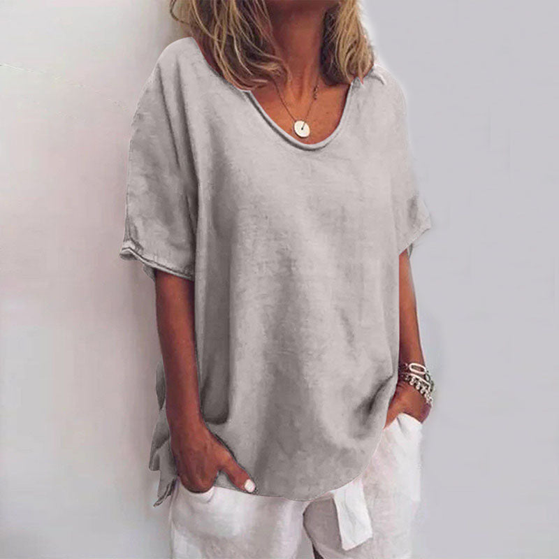 Dames Losse Blouse met V-hals en Korte Mouwen Oversized Grijs