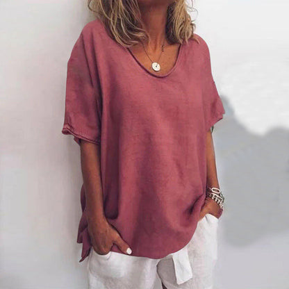 Dames Losse Blouse met V-hals en Korte Mouwen Oversized Donkerroze
