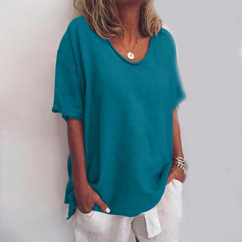Dames Losse Blouse met V-hals en Korte Mouwen Oversized Zeeblauw