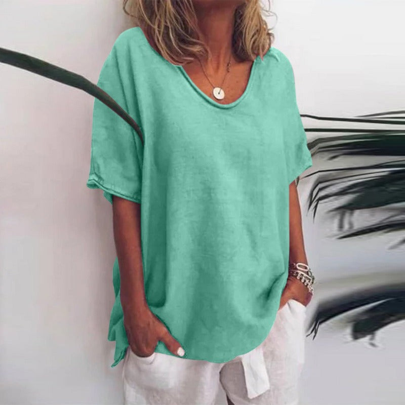 Dames Losse Blouse met V-hals en Korte Mouwen Oversized Groen