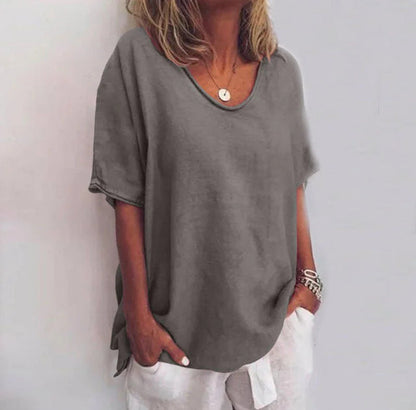 Dames Losse Blouse met V-hals en Korte Mouwen Oversized Donkergrijs