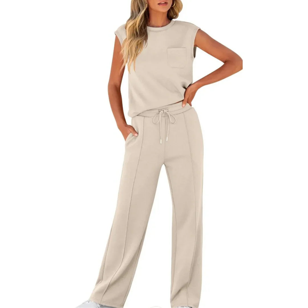 Dames Loungewear Set Mouwloos Top met Ronde Hals en Wijde Broek