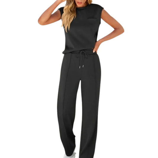 Dames Loungewear Set Mouwloos Top met Ronde Hals en Wijde Broek Zwart