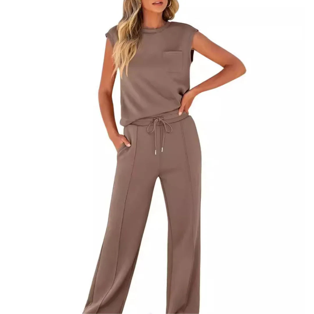 Dames Loungewear Set Mouwloos Top met Ronde Hals en Wijde Broek
