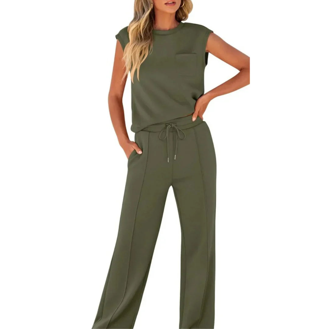 Dames Loungewear Set Mouwloos Top met Ronde Hals en Wijde Broek