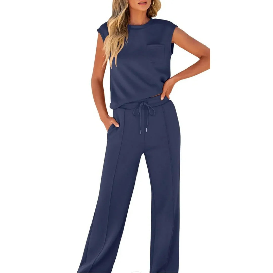 Dames Loungewear Set Mouwloos Top met Ronde Hals en Wijde Broek