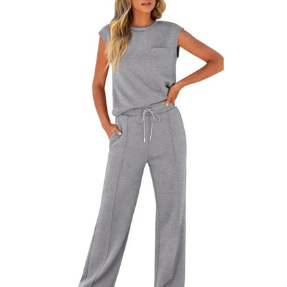 Dames Loungewear Set Mouwloos Top met Ronde Hals en Wijde Broek