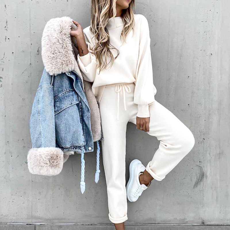 Dames Loungewear Set Tweedelig met Colkraag en High Waist Broek Wit