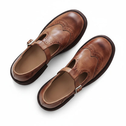 Dames Mary Jane Schoenen met Broguedetail en T-bandje met Gesp