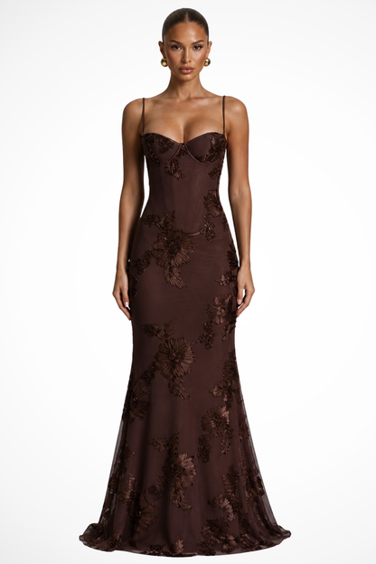 Dames Maxi Avondjurk met Corset, Bloemborduursel en Spaghettibandjes Bruin