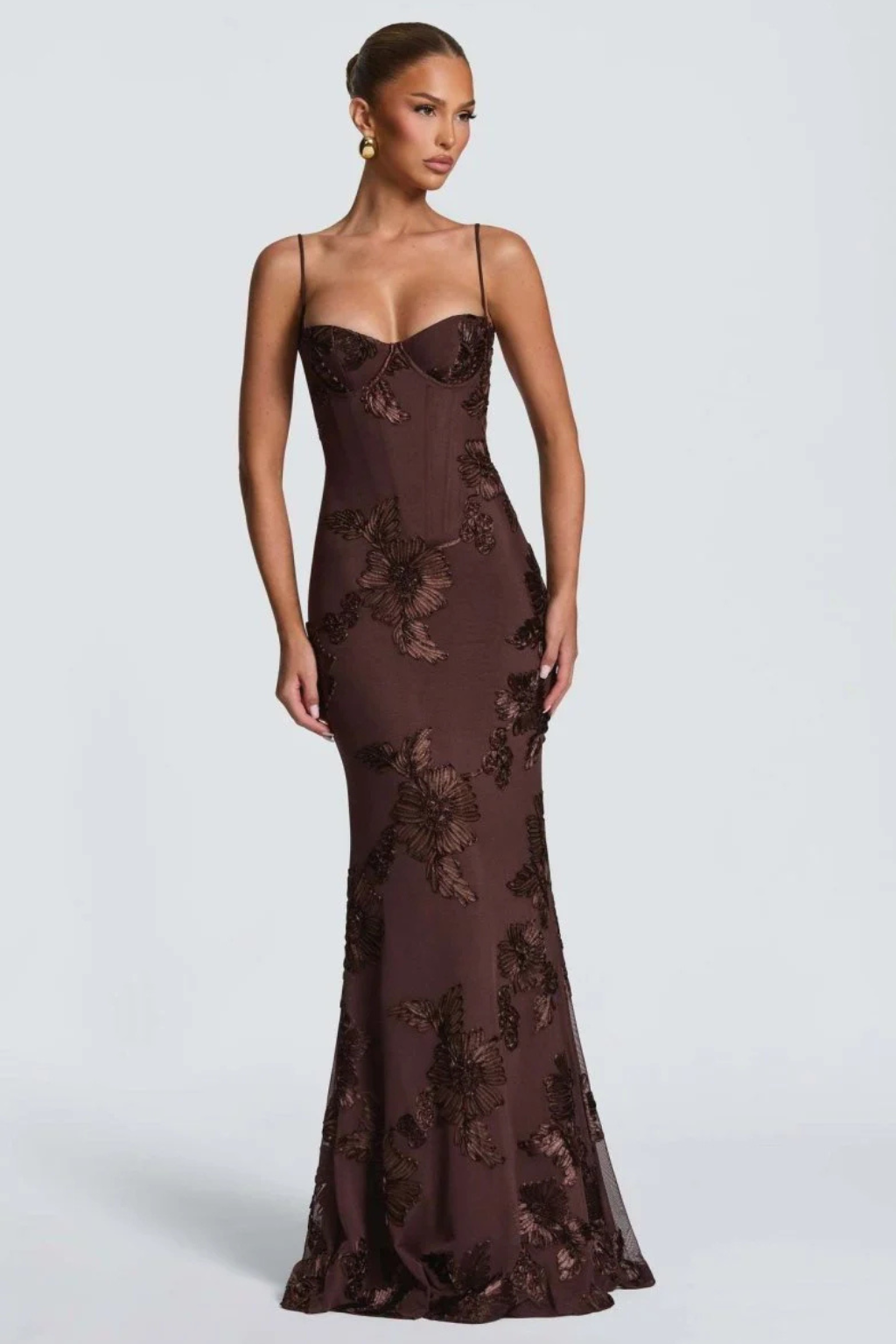 Dames Maxi Avondjurk met Corset, Bloemborduursel en Spaghettibandjes