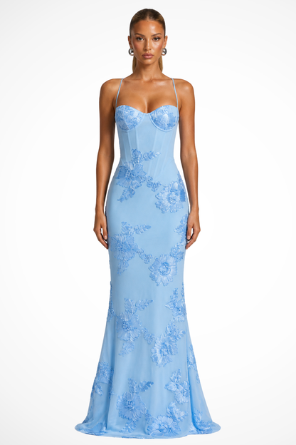 Dames Maxi Avondjurk met Corset, Bloemborduursel en Spaghettibandjes Blauw