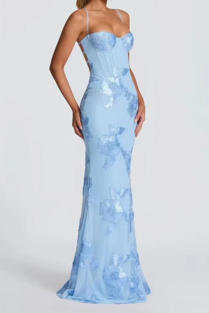 Dames Maxi Avondjurk met Corset, Bloemborduursel en Spaghettibandjes