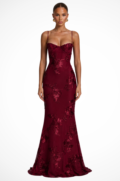 Dames Maxi Avondjurk met Corset, Bloemborduursel en Spaghettibandjes Bordeauxrood