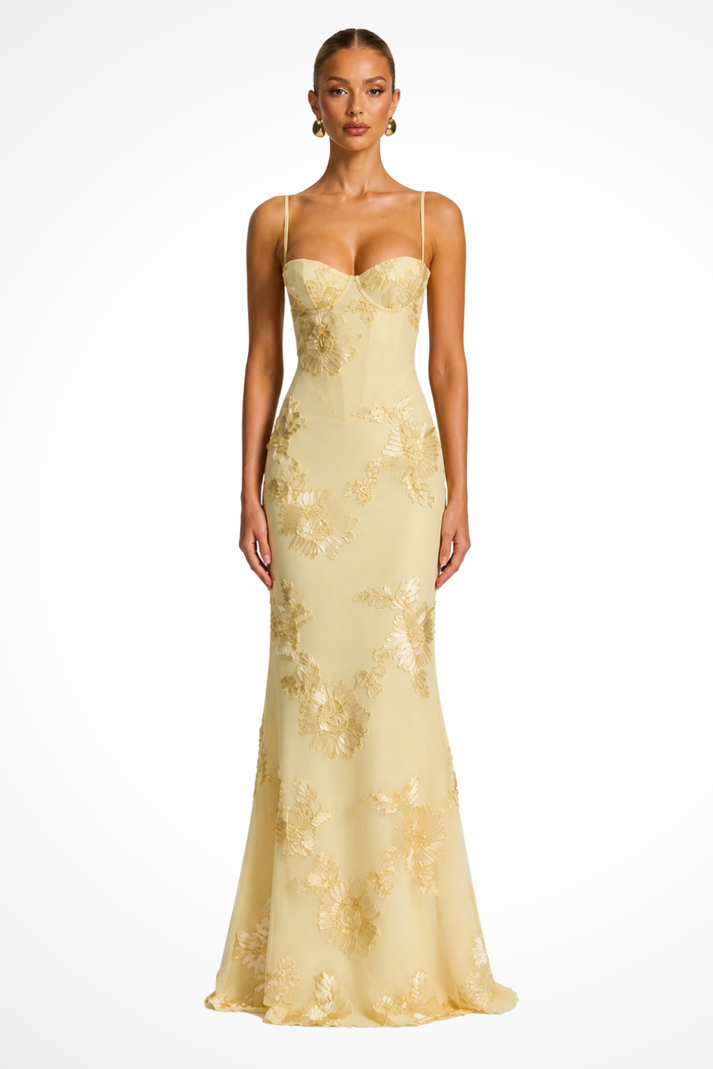 Dames Maxi Avondjurk met Corset, Bloemborduursel en Spaghettibandjes Geel