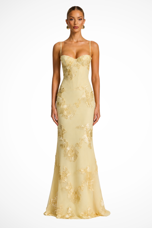 Dames Maxi Avondjurk met Corset, Bloemborduursel en Spaghettibandjes Geel