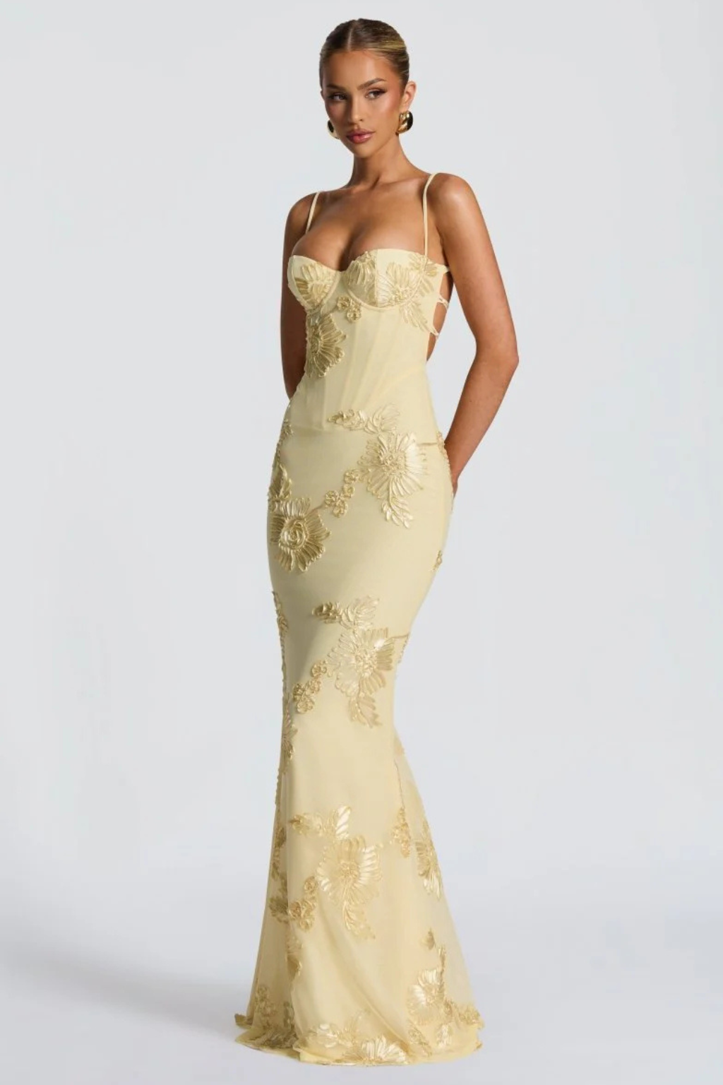 Dames Maxi Avondjurk met Corset, Bloemborduursel en Spaghettibandjes