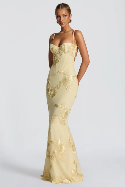 Dames Maxi Avondjurk met Corset, Bloemborduursel en Spaghettibandjes