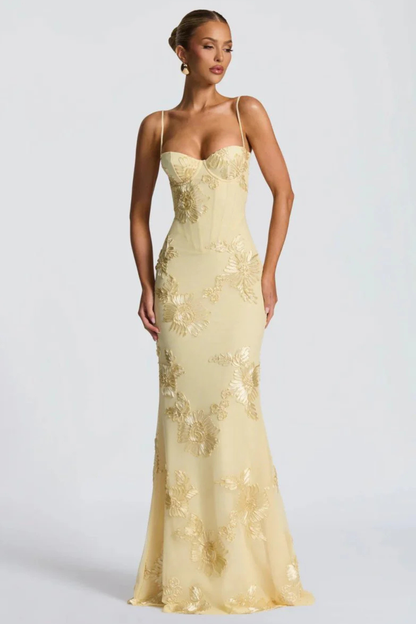 Dames Maxi Avondjurk met Corset, Bloemborduursel en Spaghettibandjes