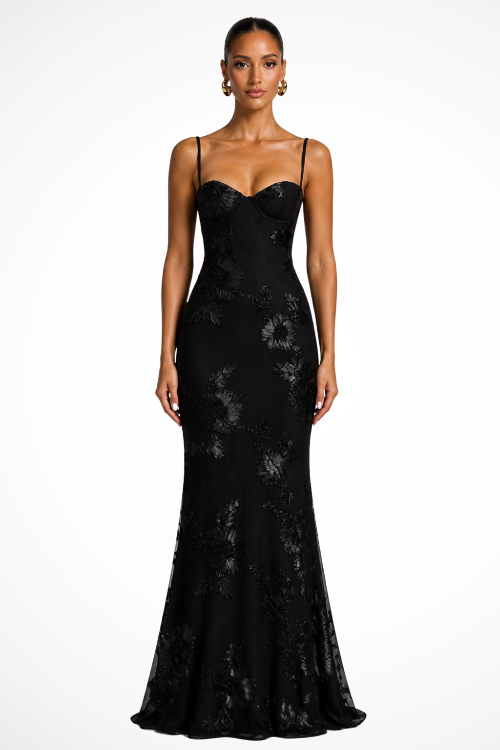 Dames Maxi Avondjurk met Corset, Bloemborduursel en Spaghettibandjes Zwart