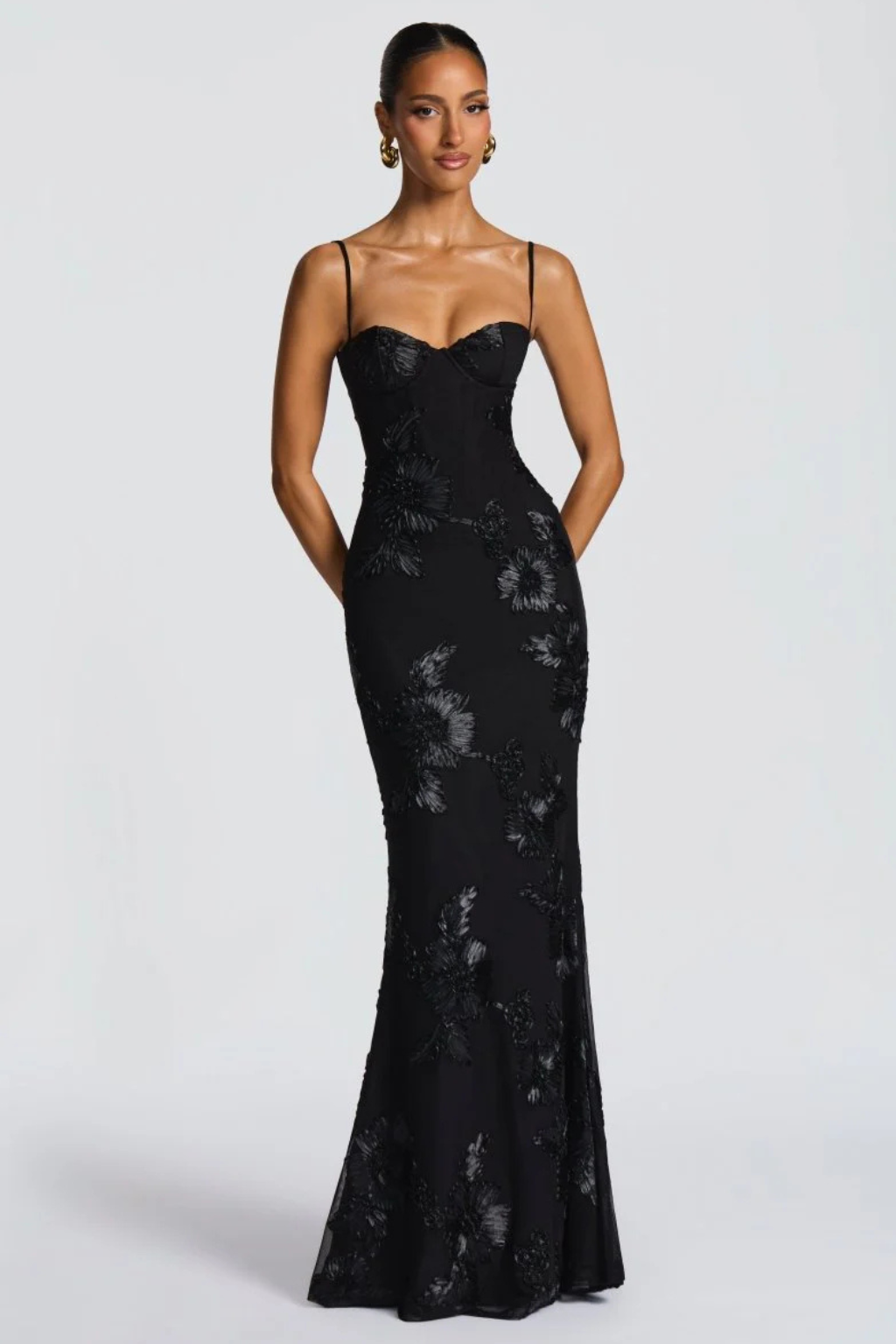 Dames Maxi Avondjurk met Corset, Bloemborduursel en Spaghettibandjes