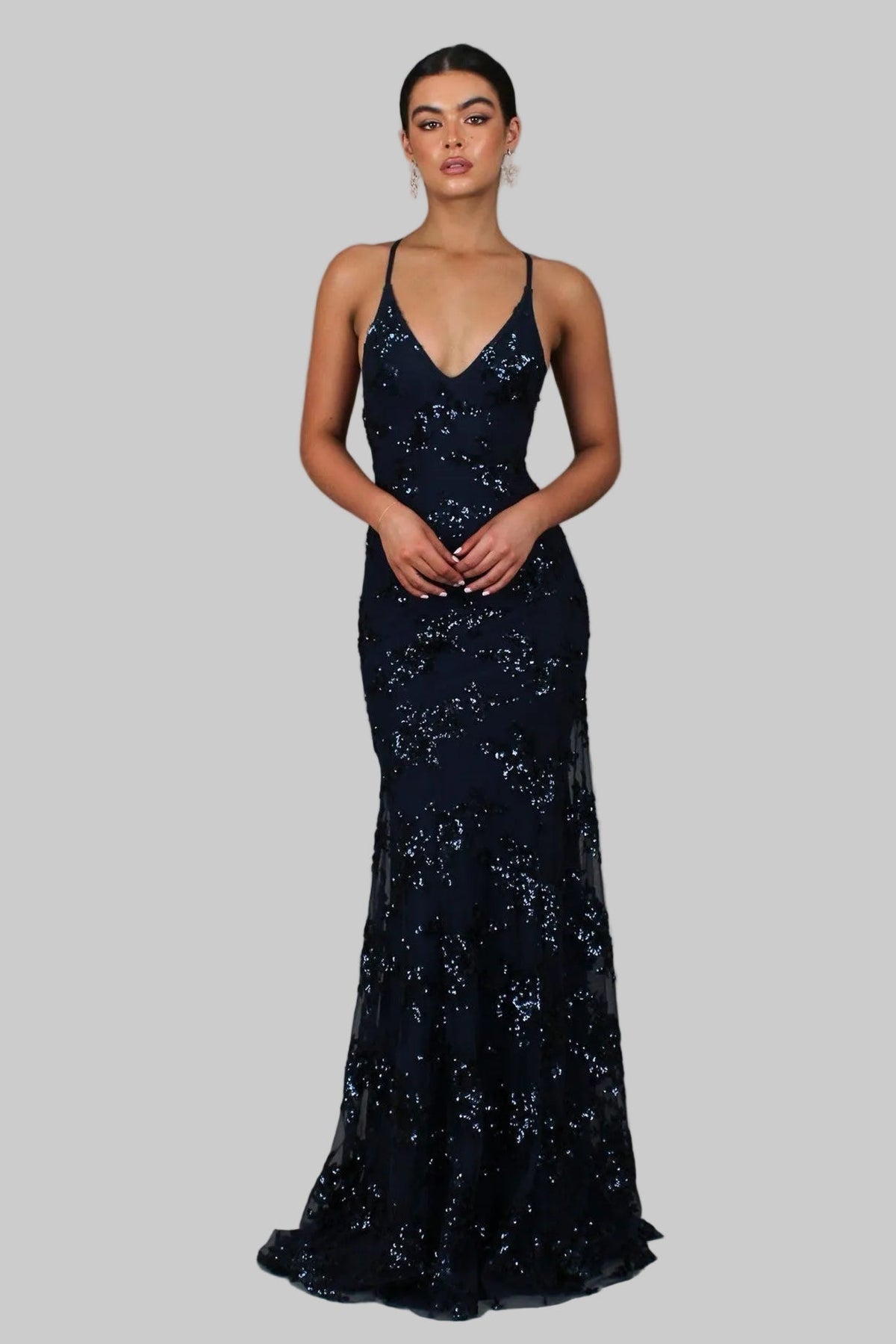 Dames Maxi Avondjurk met Diepe V-hals en Open Rug Blauw