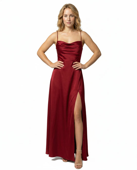 Dames Maxi Avondjurk met Waterval-hals, Spaghettibandjes en Beenslip