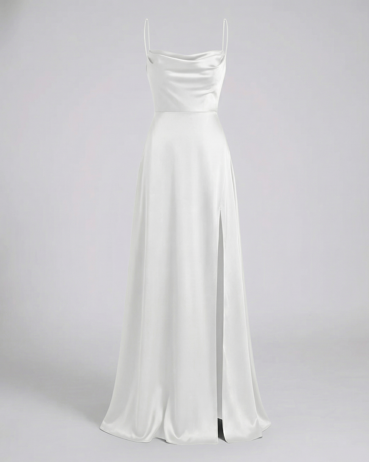 Dames Maxi Avondjurk met Waterval-hals, Spaghettibandjes en Beenslip Wit