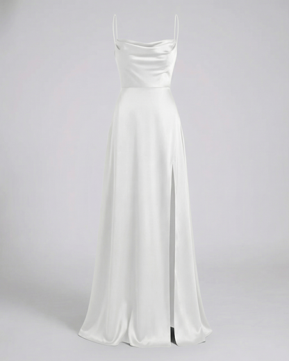 Dames Maxi Avondjurk met Waterval-hals, Spaghettibandjes en Beenslip Wit