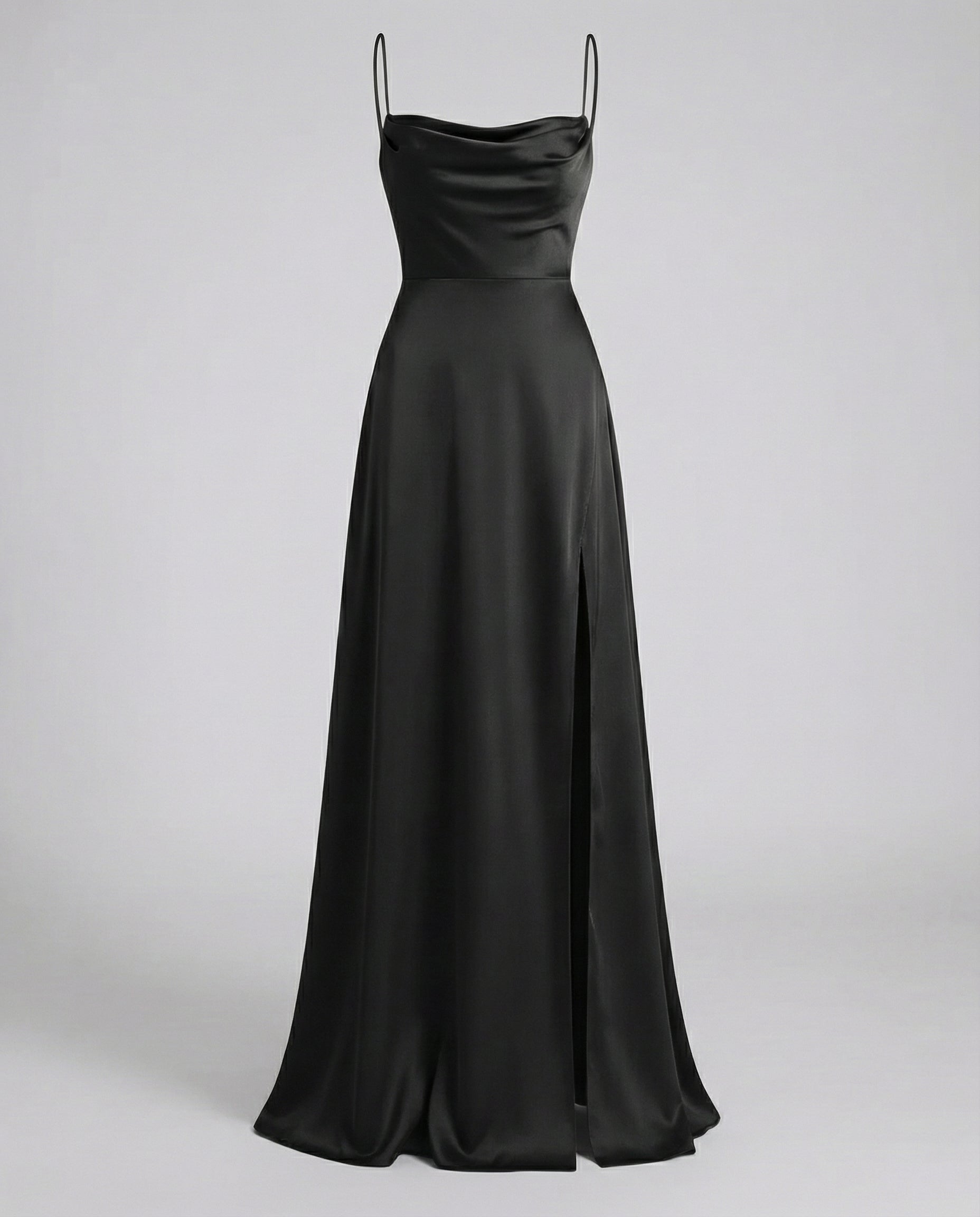 Dames Maxi Avondjurk met Waterval-hals, Spaghettibandjes en Beenslip Zwart