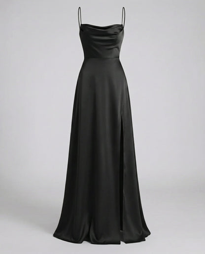 Dames Maxi Avondjurk met Waterval-hals, Spaghettibandjes en Beenslip Zwart